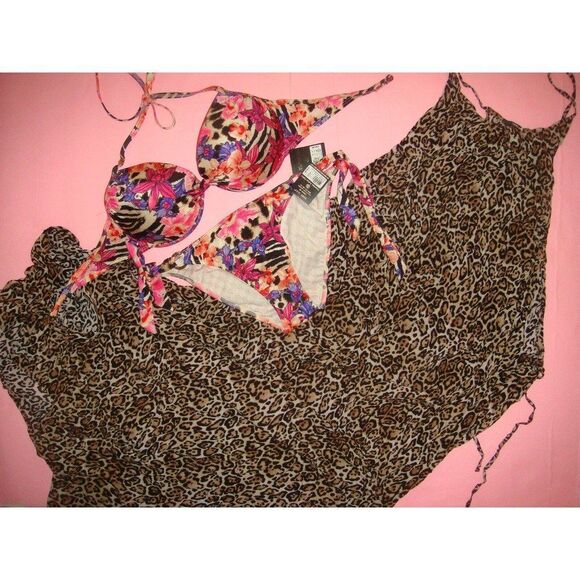 Victoria's Secret 36D BIKINI+M/L COVER UP/dress Floral Orchid Animal Print Zebra - Picture 1 of 9